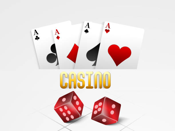 Shiny ace playing cards with red dices for Casino on grey background.
